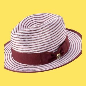MEN'S  MONTIQUE BURGUNDY/ WHITE STRIPED FEDORA HAT WITH RIBBON BAND. H90.